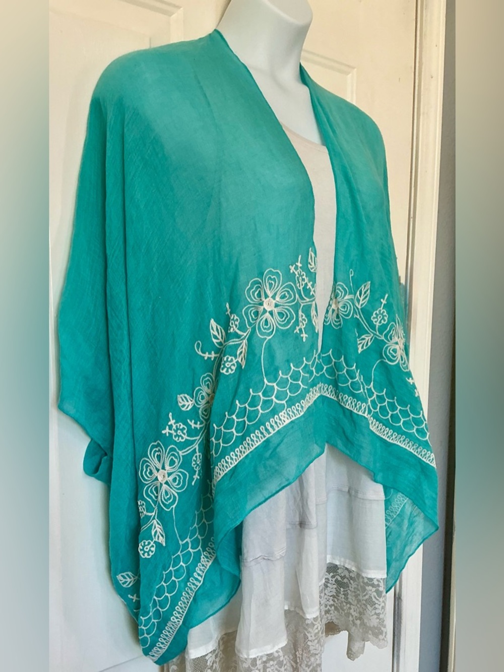 Turquoise Embroidered Open-Front Cape - Picture 2 of 6